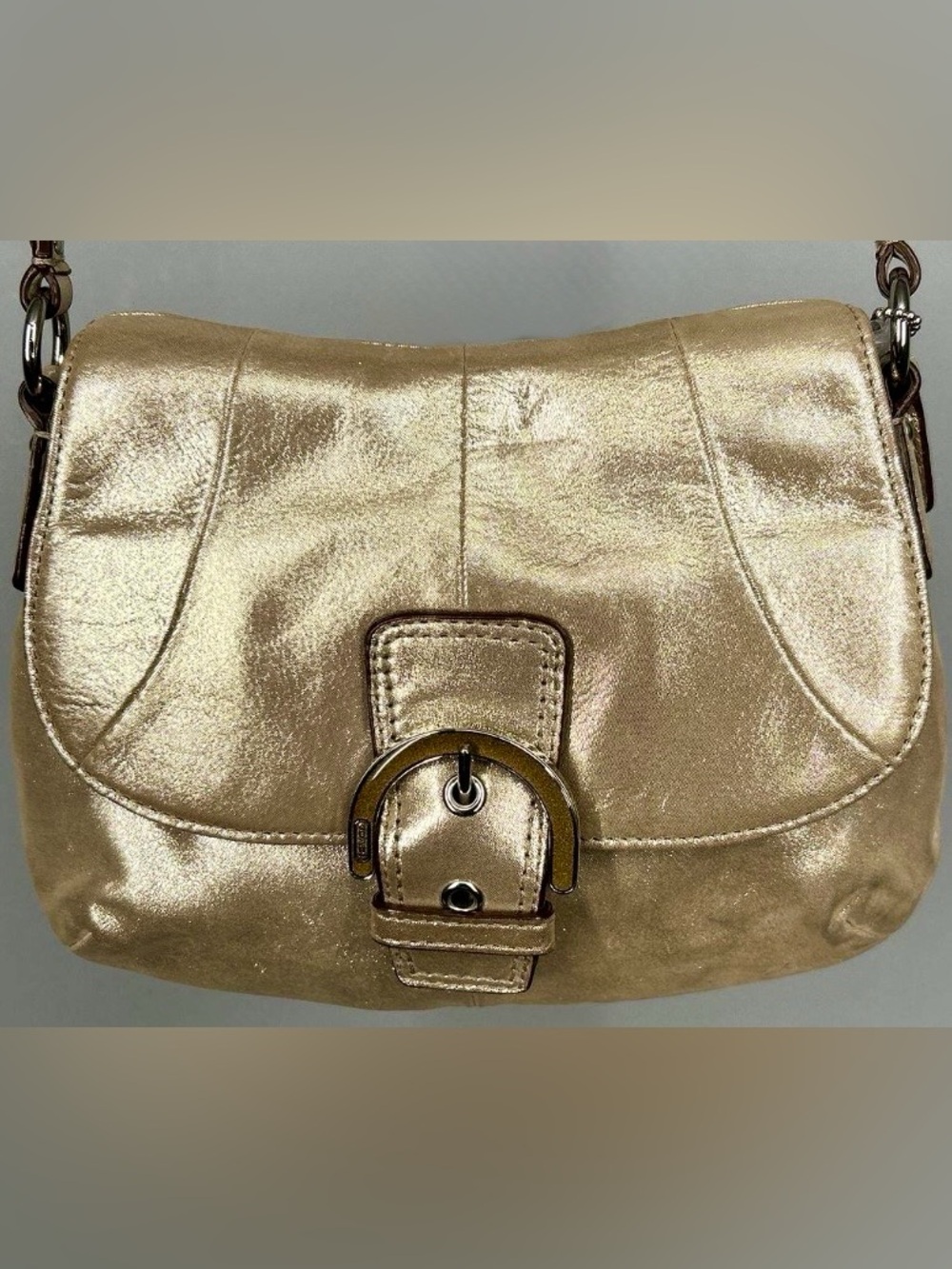 Coach Vintage Y2K Soho Metallic Gold Leather Buckle Flap Shoulder Crossbody Bag